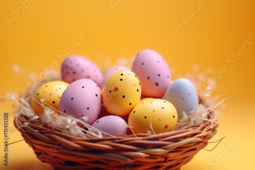 a wicker basket filled with painted eggs on top of a yellow background with confetti sprinkles.