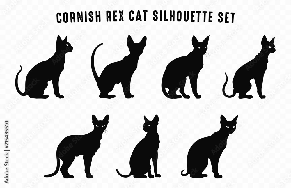 Cornish Rex Cat Silhouettes Vector Bundle, Set of Black Cats Silhouette collection