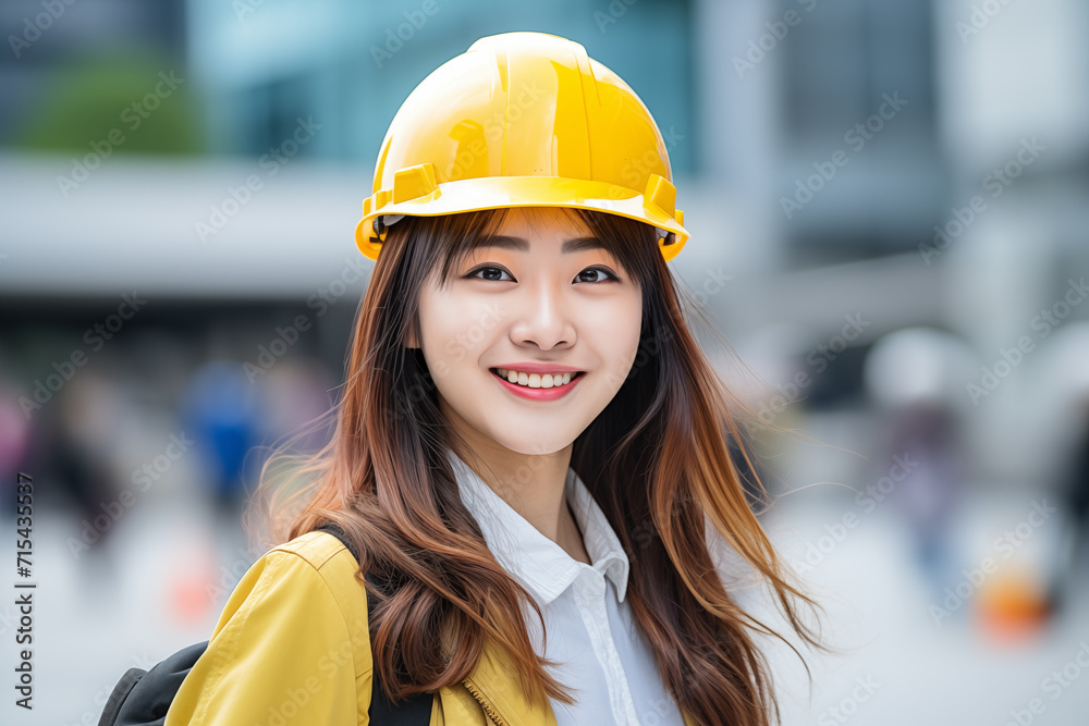 Young pretty Chinese woman at outdoors with worker cap