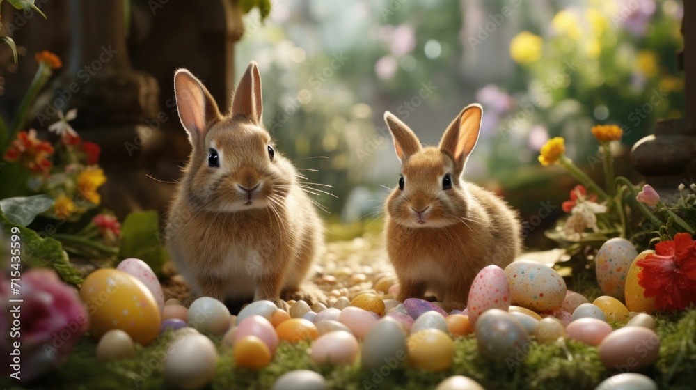Adorable bunnies amid vibrant eggs, providing a whimsical setting for Easter advertising creativity.
