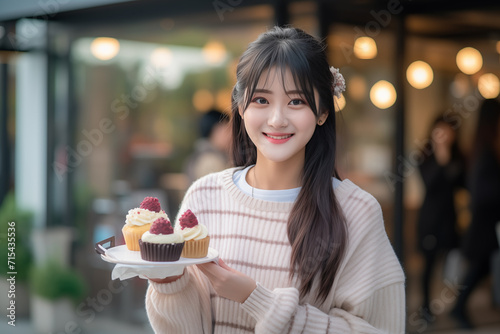 Young pretty Chinese woman at outdoors holding muffin cake