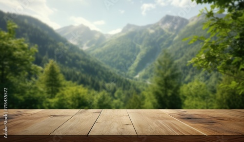 a wooden table placed by a green tree near a mountain forest.
