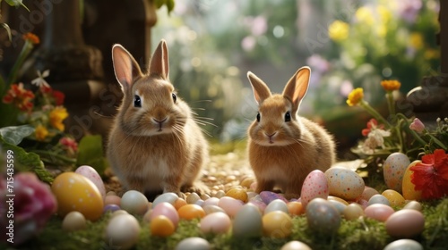 Adorable bunnies amid vibrant eggs, providing a whimsical setting for Easter advertising creativity.