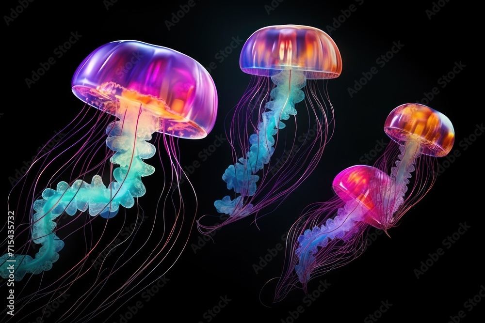  a group of jellyfish floating next to each other on a black background with a blue sky in the background.