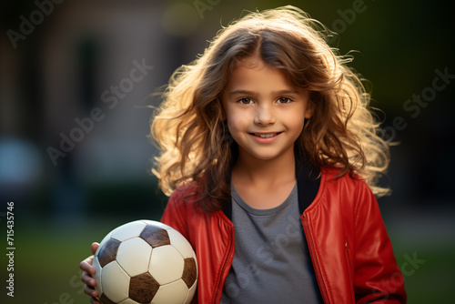 Cute little caucasian girl at outdoors holding soccer ball © luismolinero