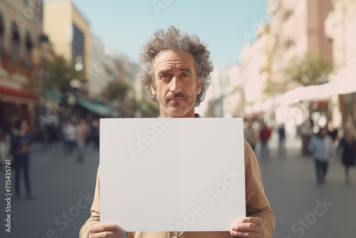 Middle aged man in the middle of the city holding an empty placard