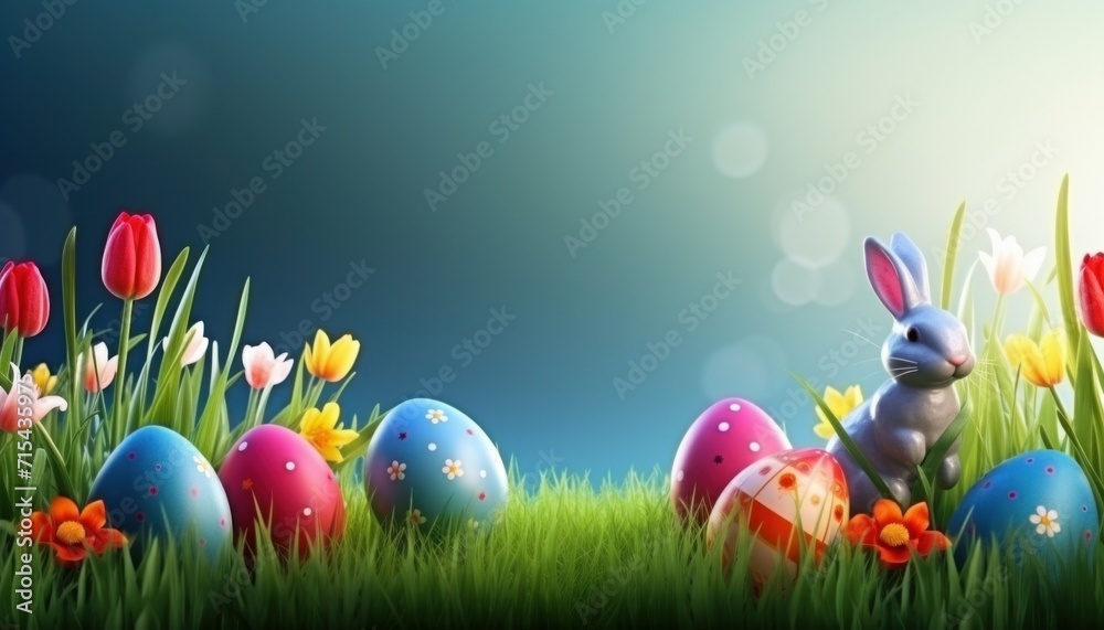 beautiful easter eggs and tulips in grass for your family.