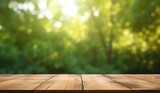 a blurrred wood tabletop on top of a tree and nature background.