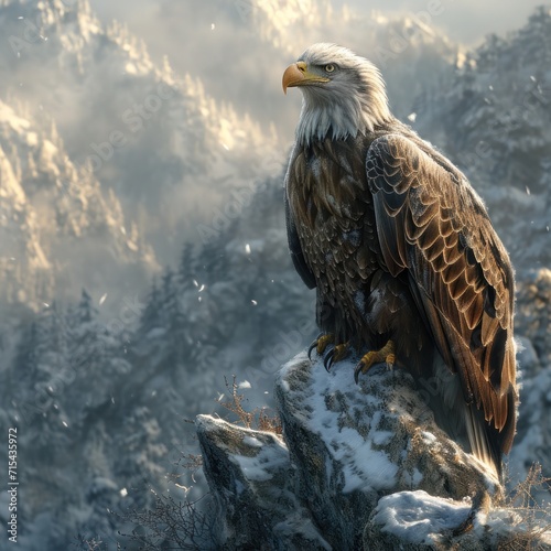 a bald eagle in front of snowy mountains.
