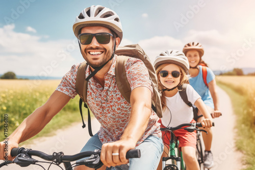 Happy caucasian family with kids traveling together by bicycle a country road. Active lifestyle for adult and children at nature. Hobby for family, activity pursuit