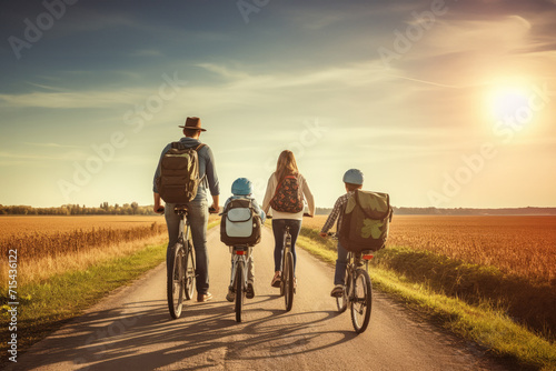 Happy Afro-American family with kids traveling together by bicycle a country road. Active lifestyle for adult and children at nature. Hobby for family, activity pursuit © m