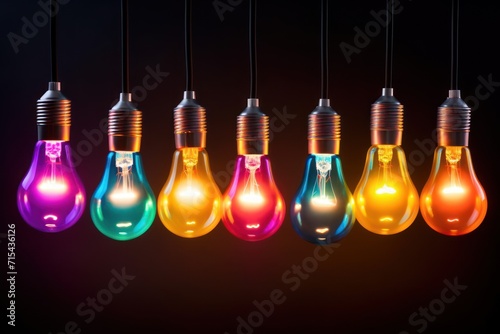  a group of multicolored light bulbs hanging in a row on a black background with a red light in the middle.