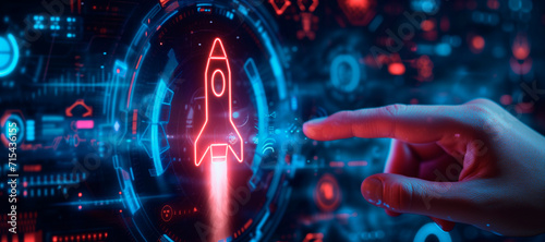 a hand touching a rocket. How to improve web search engine ranking?, in the style of a futuristic spaceship design. online connectivity concept. business positioning. web sector. Red and blue