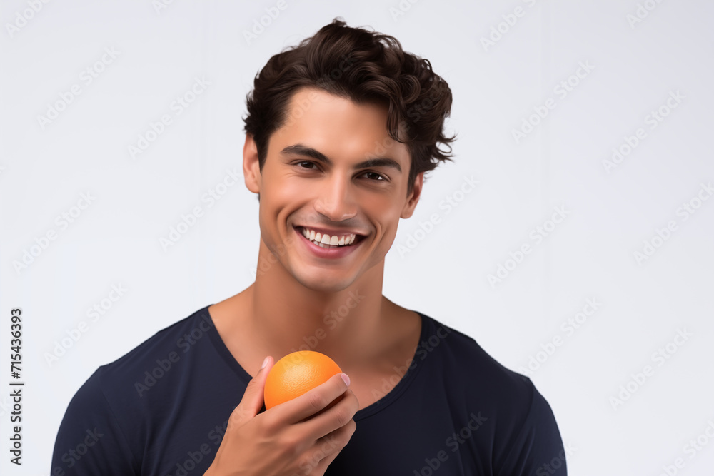 Young man over isolated white background holding an orange Young man over isolated white background holding an orange