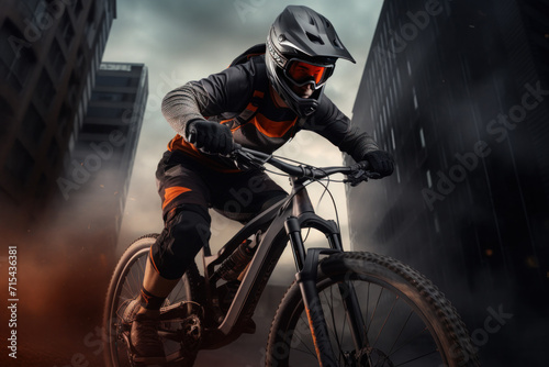 a cyclist wearing a helmet riding a mountain bike in the city.