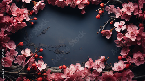 Cherry blossom, sakura branch with pink flowers on white frame and sweet pink background. Image of springtime. © alexkich
