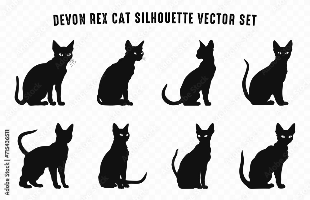 Devon Rex Cat Silhouettes Vector Bundle, Set of Black Cats Silhouette collection