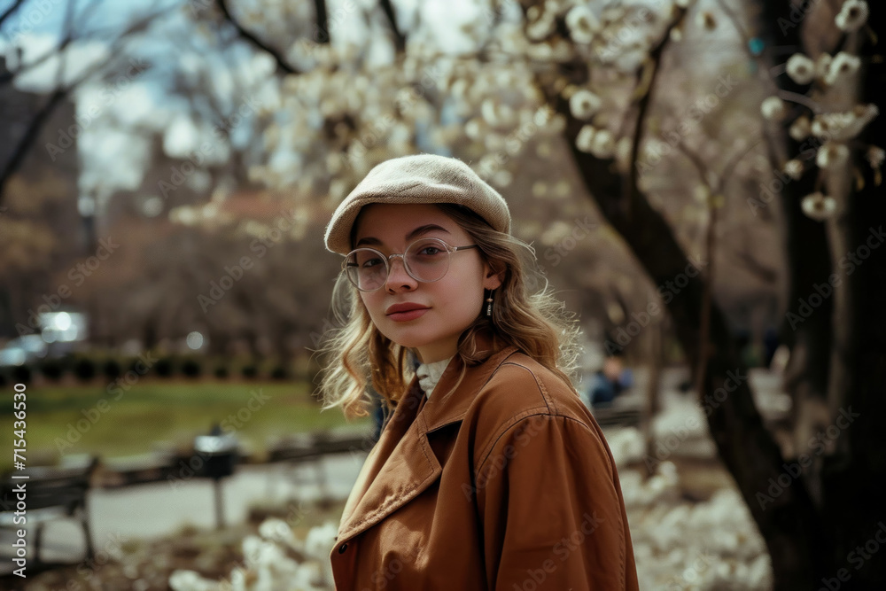 beautiful modern girl dressed in fashionable casual clothes in the spring city on a walk, spring mood