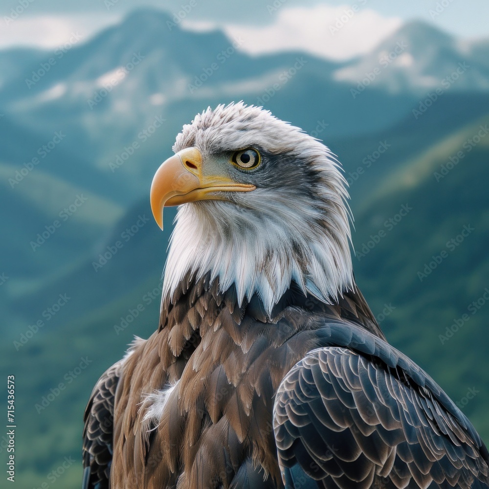 Fototapeta premium a bald eagle in front of snowy mountains.