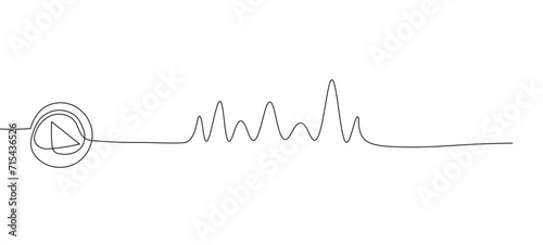 One continuous line drawing of music player soundbar with play button. Record audio and sound wave voice message in simple linear style. Editable stroke. Continuous line art drawing.