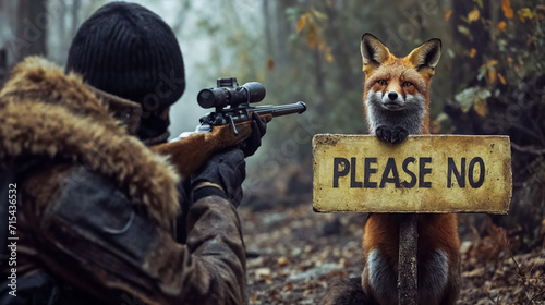 Tela un chasseur en train de viser un renard qui demande de ne pas tirer avec une pan