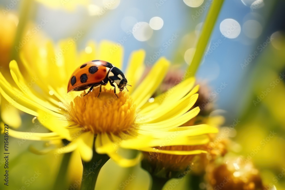 ladybug sits on a blooming yellow flower on a sunny day, spring summer mood background, close-up ladybug sits on a blooming yellow flower on a sunny day, spring summer mood background, close-up