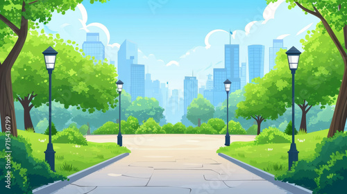Street in public park with nature landscape and building background vector illustration.