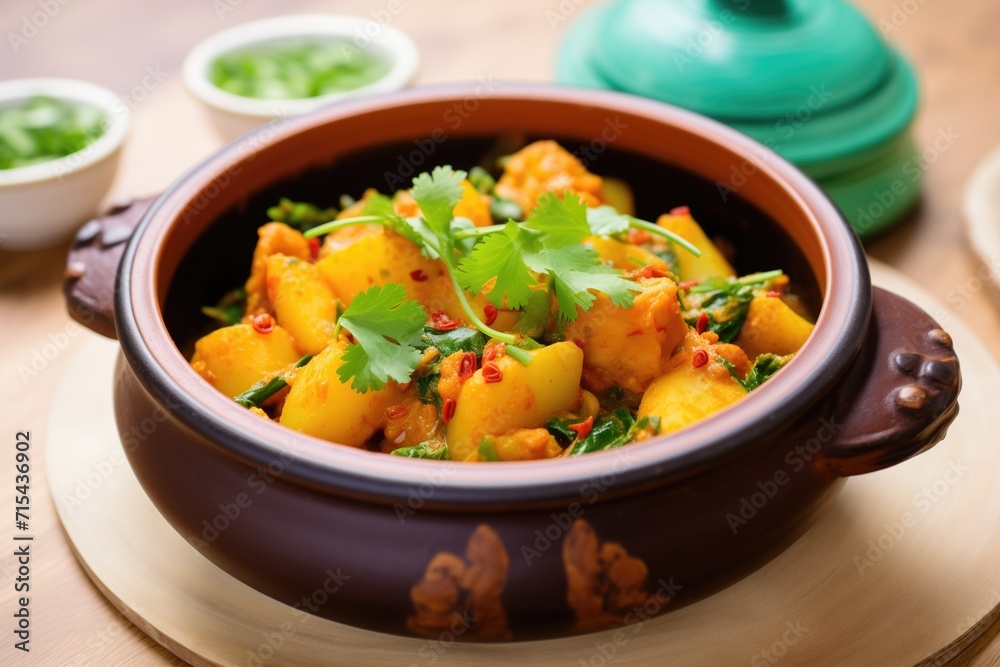 aloo gobi in a clay dish, garnished with cilantro aloo gobi in a clay dish, garnished with cilantro