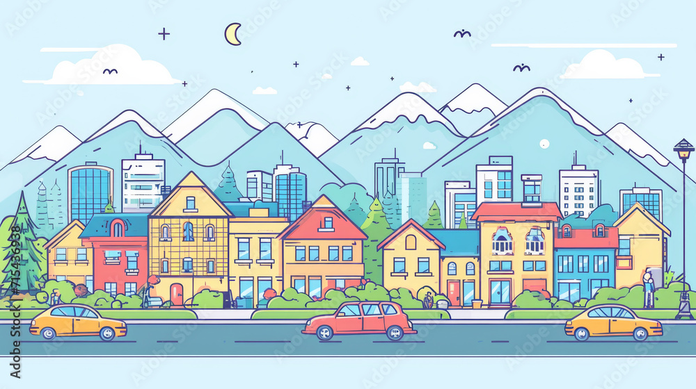 Flat vector outline style illustration of urban landscape street with cars skyline city office buildings family houses in small town and mountain in background. 