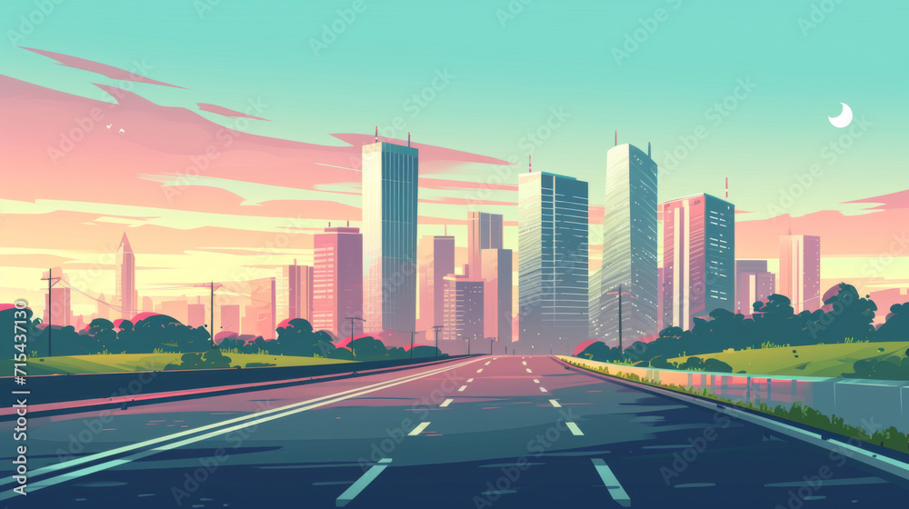Fototapeta premium Empty highway road to city early morning landscape with skyscraper buildings under pink sky with crescent.