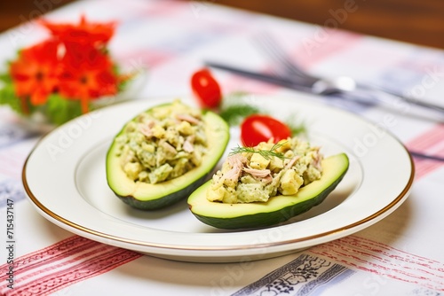 stuffed avocado halves with tuna salad on a green placemat