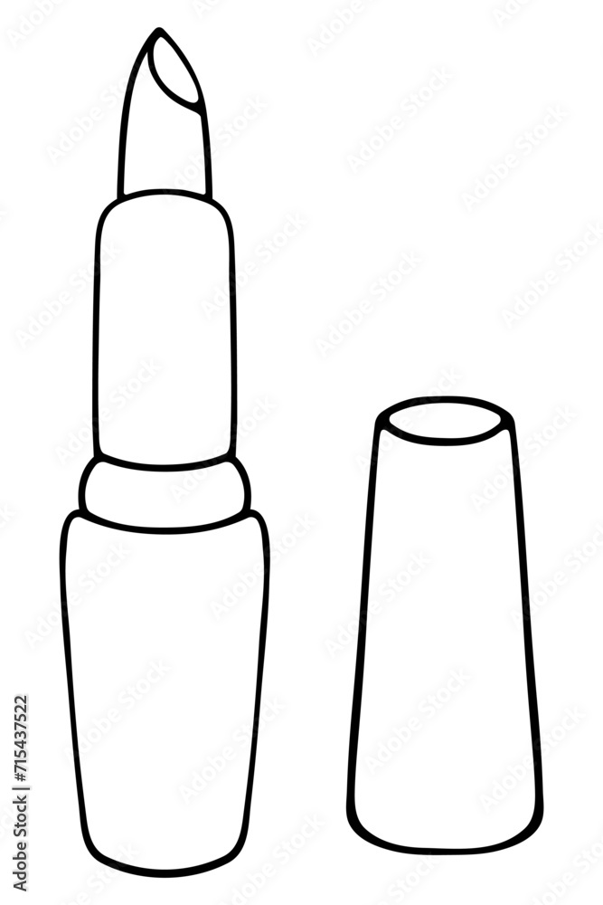 Lipstick. Sketch. Tube cap nearby. Vector illustration. Lip moisturizer. Decorative cosmetics for creating makeup. Doodle style. Outline on isolated background. Coloring book for children. Lipstick. Sketch. Tube cap nearby. Vector illustration. Lip moisturizer. Decorative cosmetics for creating makeup. Doodle style. Outline on isolated background. Coloring book for children.