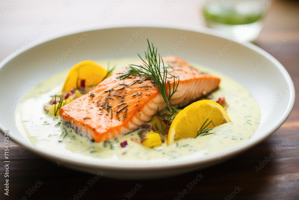 baked salmon fillet with creamy dill sauce in a bowl baked salmon fillet with creamy dill sauce in a bowl