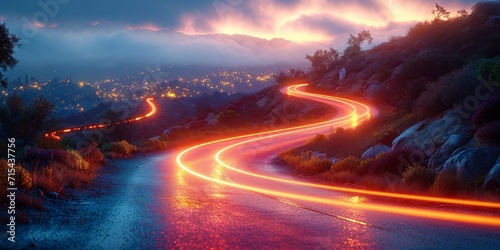 A winding night road with easy car trails, conveying the beauty of the mountain landscape.
