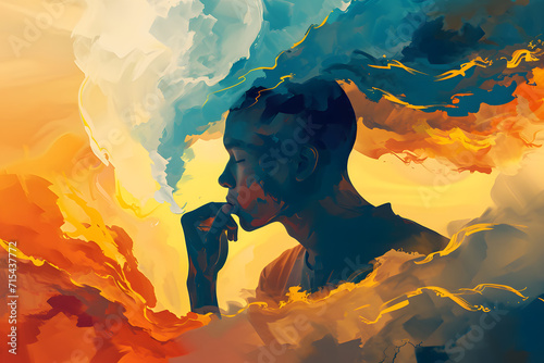 Abstract illustration depicting a man immersed in thought, surrounded by colorful, cloudy clouds. Symbolizing the concept of creative thinking and generating ideas. A man thinking illustration.
