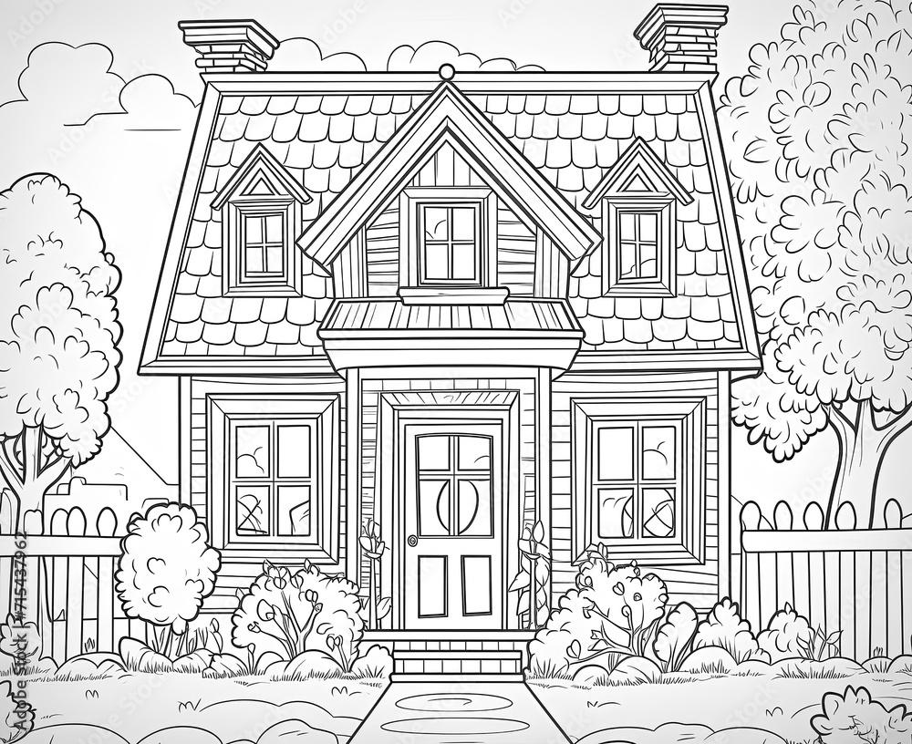Fototapeta premium Black and white illustration for coloring natural landscape with house.
