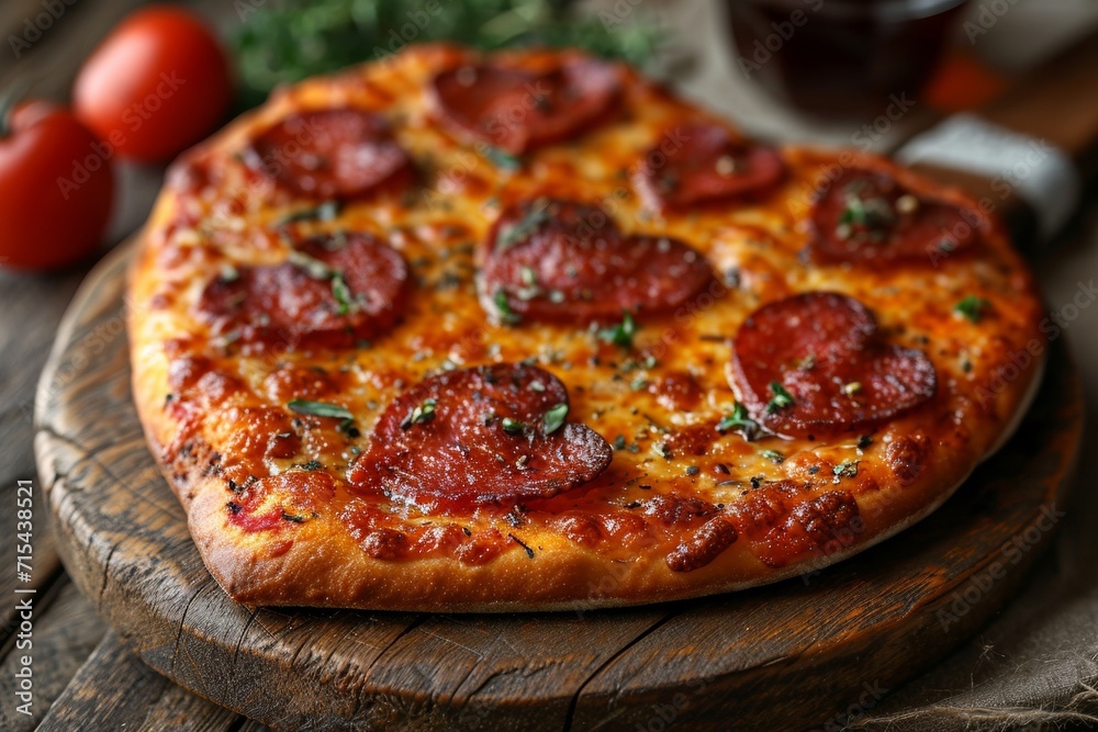 Homemade Italian pizza with a crispy crust, melted mozzarella, pepperoni and zesty heart-shaped toppings. Delicious!