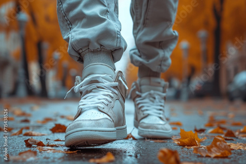 In autumn, the feet of a man in white sneakers stand on the sidewalk surrounded by colorful leaves.