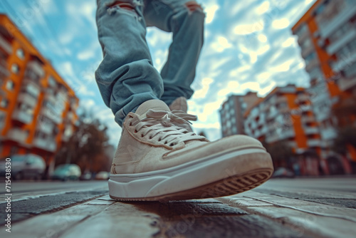 A young guy in white sneakers stands on a city street, personifying an active and fashionable lifestyle, close-up of his legs. photo