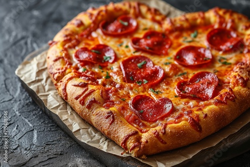 Enjoy the taste of homemade Italian heart-shaped pizza with mozzarella, pepperoni and spicy notes - it's delicious.