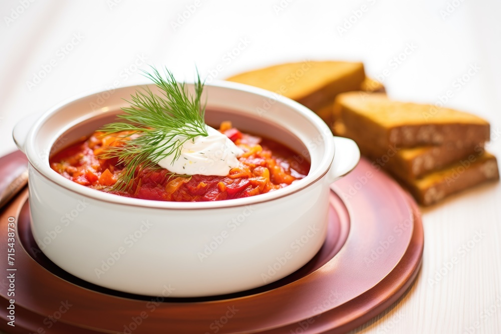 bowl of borscht topped with sour cream, fresh dill, side of rye bread bowl of borscht topped with sour cream, fresh dill, side of rye bread