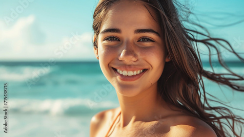 Portrait of beautiful woman on the beach. Vacation concept. 