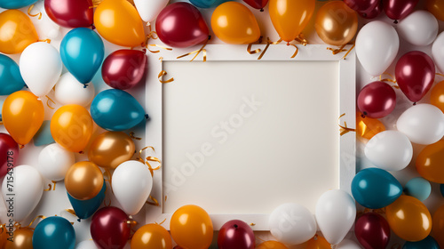 Square festive background. Multicolored realistic balloons and falling confetti.