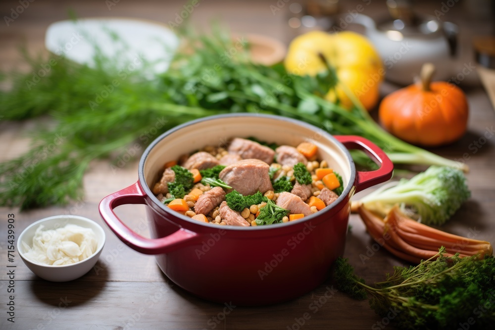 cassoulet in pot surrounded by beans and herbs