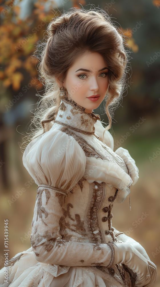 Victorian lady. Young woman portrait in eighteenth century image posing. elegant historical dress and hairstyle Victorian lady. Young woman portrait in eighteenth century image posing. elegant historical dress and hairstyle