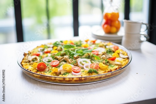 cauliflower pizza loaded with veggies on a glass table, natural light