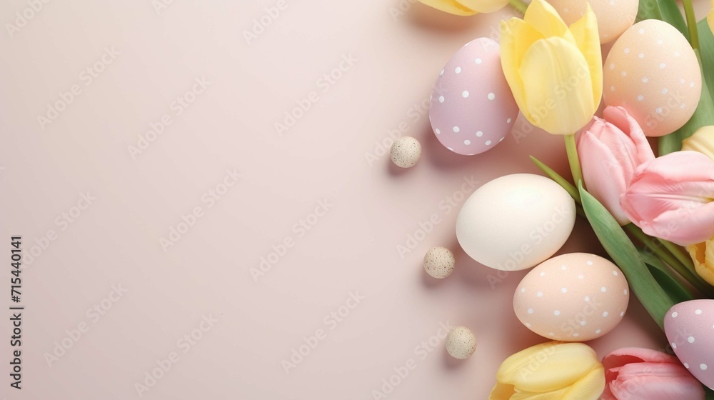 Top view photo of colorful easter eggs small baskets ceramic bunnies yellow and pink tulips on isolated pastel beige background with copyspace