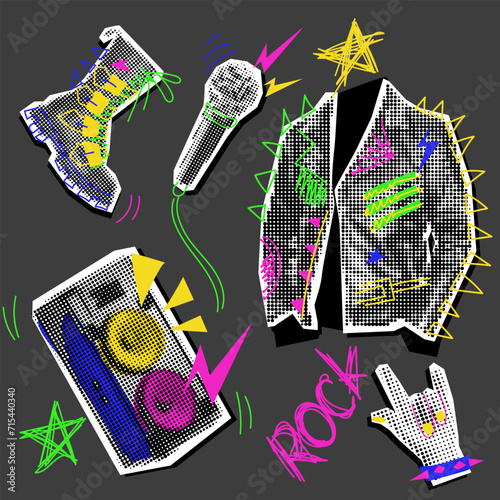 A set of rocker objects collage in the style of grunge pop art. Jacket, microphone, hand, shoe, speakers. Black and white dots with colored inserts. It looks like a clipping from a magazine. Bright photo