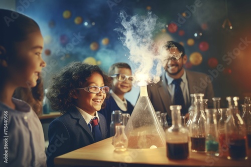 Elementary School Science Classroom: Little Boy Mixes Chemicals in Beakers. Enthusiastic Teacher Explains Chemistry to Diverse Group of Children. Children Learn with Interest