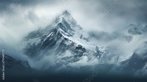 majestic mountain peak, snow, clouds, dramatic, nature photography, copy space, 16:9